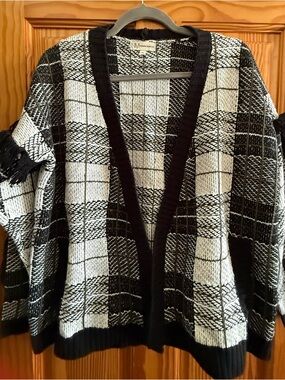 Neiman Marcus Black and White Plaid Open-Front Cardigan